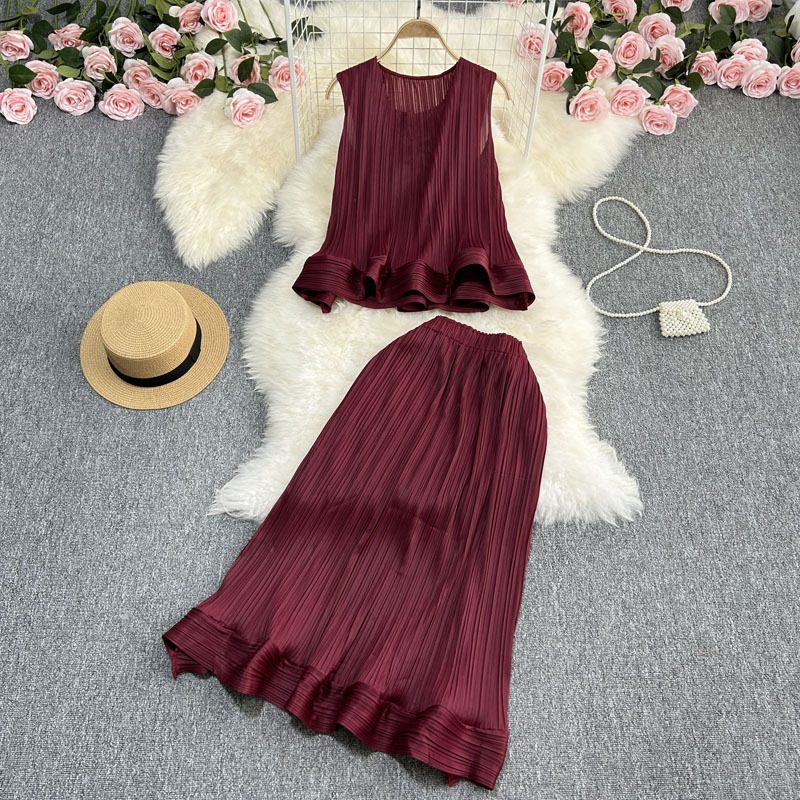 Casual Elegance Sleeveless Ruffled Loose Top And Skirt Two piece Set Dark Red - Shop at LoveMi