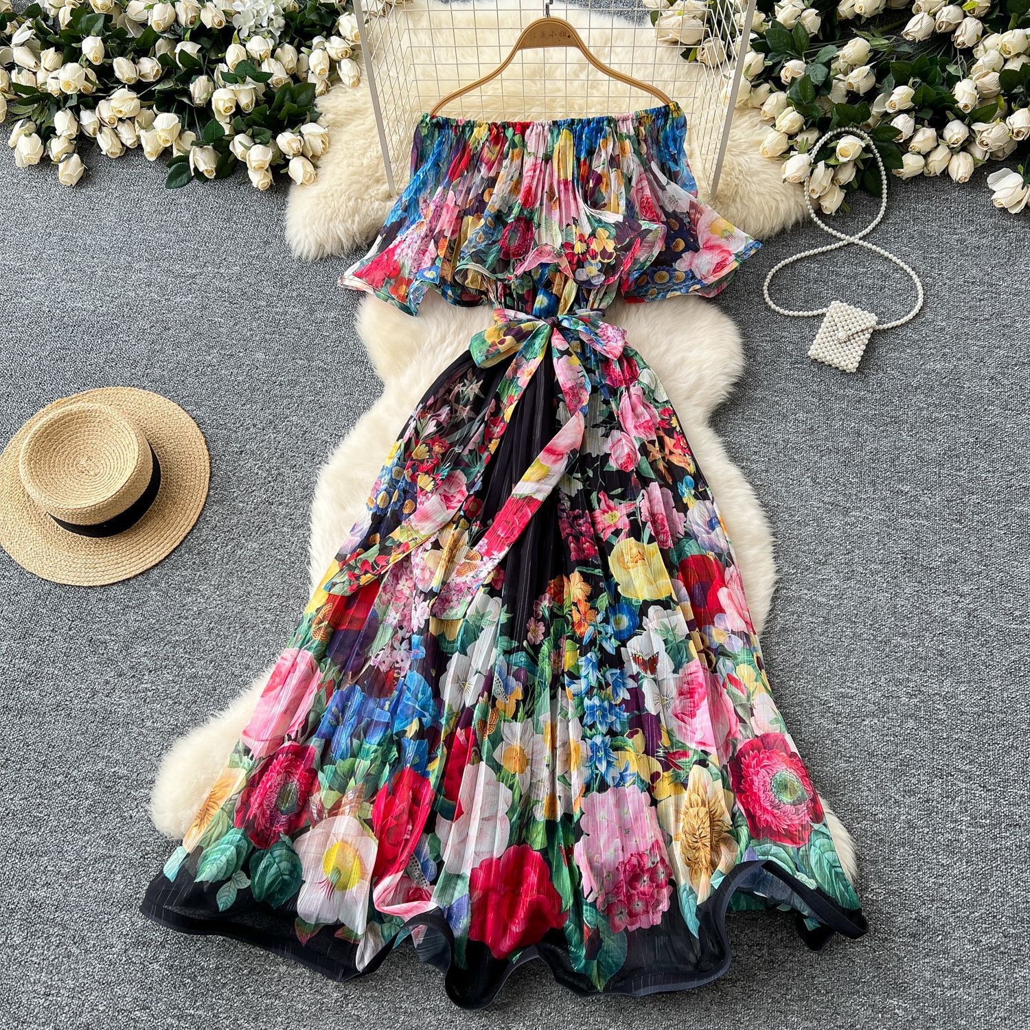 Spring Vacation Style Off-shoulder Ruffled Bright Silk Printed Waist-controlled Elegant Big Hem Chiffon Dress