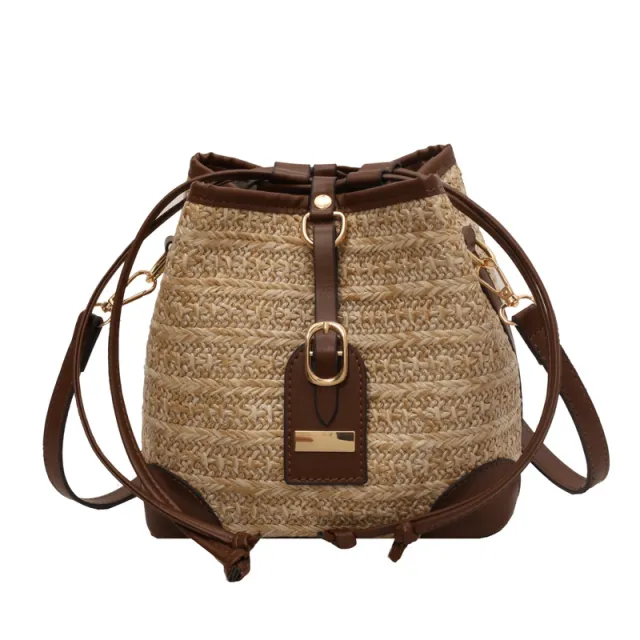 Summer Korean Straw Plaited Pull belt Simple Beach Weaving Shoulder Messenger Bag Khaki - Shop at LoveMi