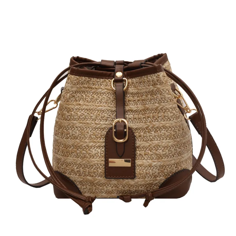 Summer Korean Straw Plaited Pull-belt Simple Beach Weaving Shoulder Messenger Bag - Khaki