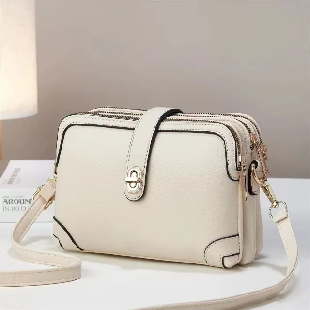 Multi layer Lychee Pattern Simple Texture Soft Leather Western Style Multi functional Shoulder Crossbody Small Square Bag Beige - Shop at LoveMi