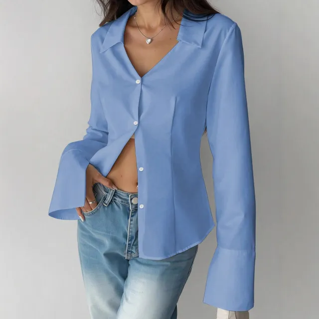 French Slim Fit Waist tight Bandage Dress V neck Shirt Light Blue - Shop at LoveMi