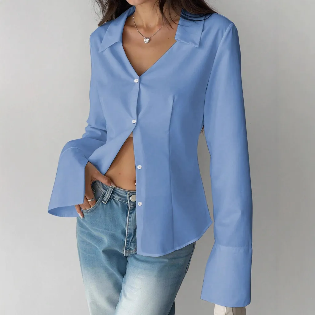 French Slim Fit Waist-tight Bandage Dress V-neck Shirt - Light Blue