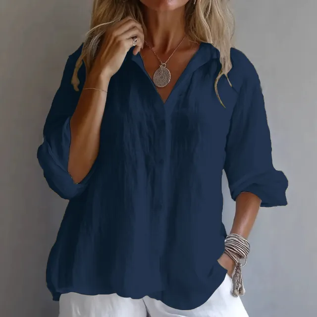 Spring Women's Solid Color Linen Long Sleeve Casual Shirt Navy - Shop at LoveMi