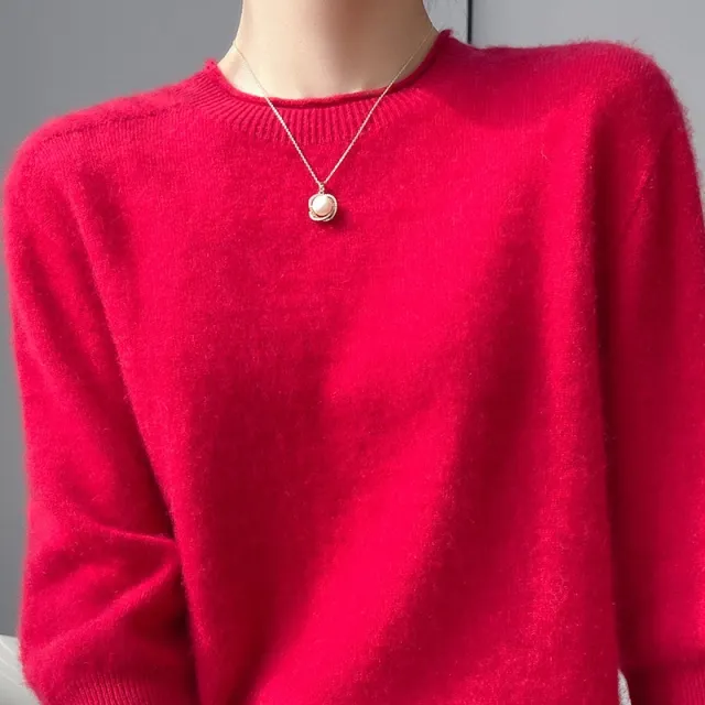 Spring Style Front Line Ready made Garments Pure Wool Sweater Round Neck Curling Half Sleeve Red - Shop at LoveMi