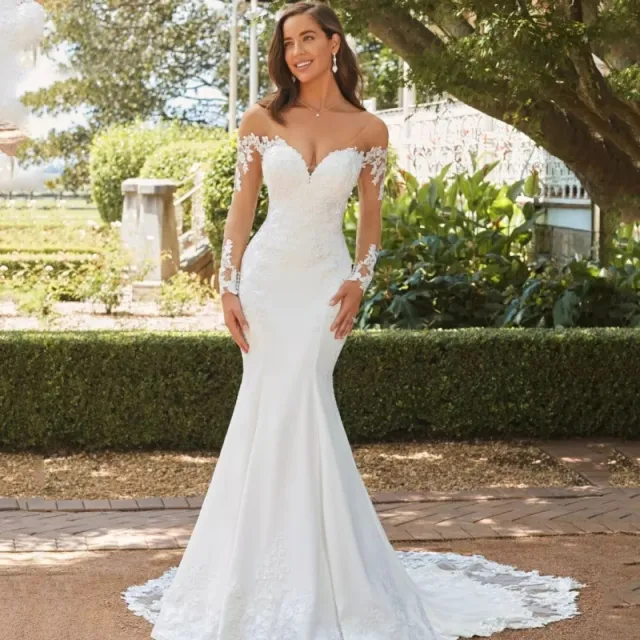 Long Sleeve Backless Lace Fishtail Wedding Dress White - Shop at LoveMi