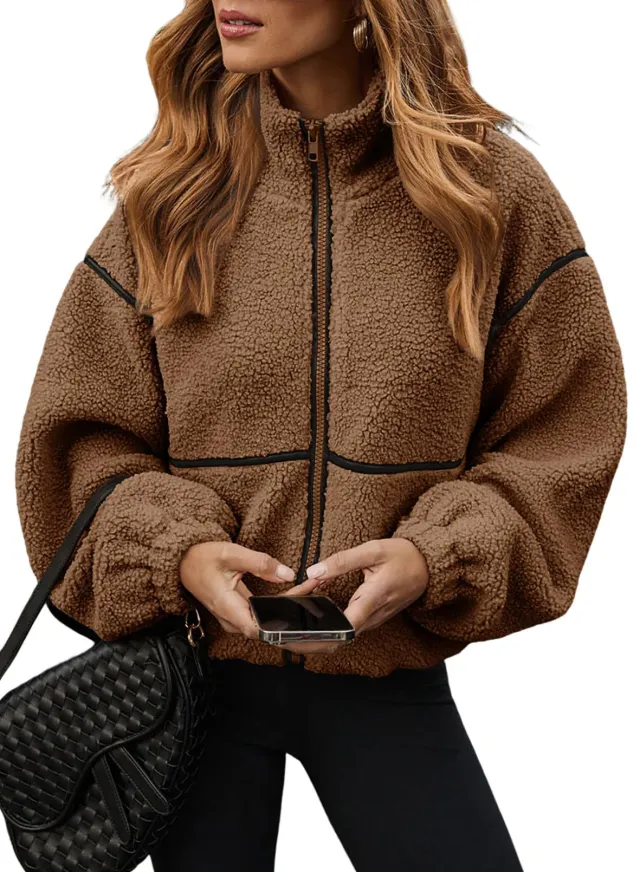 Berber Fleece Contrast Color Stand up Collar Leisure All match Coat Tan - Shop at LoveMi