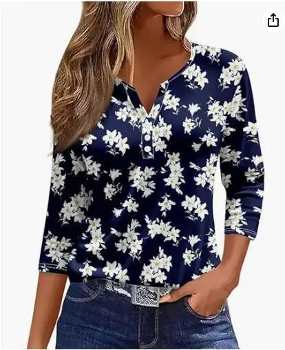 Women's T shirt V neck Half open Tube Three button Printed 34 Sleeves Top 56 Style - Shop at LoveMi