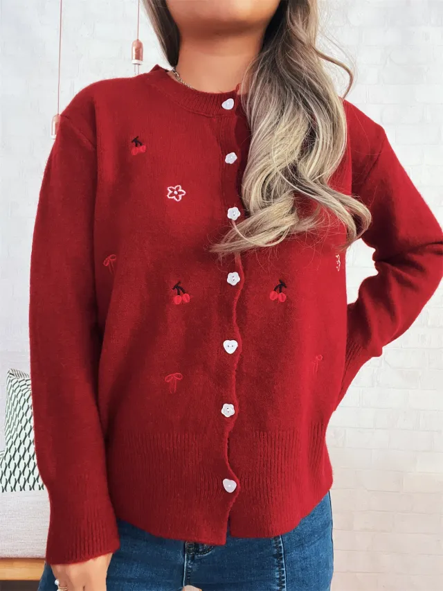 Flower Embroidery Personalized Button Single breasted Knitted Cardigan Sweater Red - Shop at LoveMi