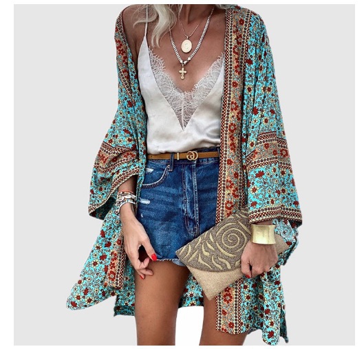 Casual Fashion Vacation Batwing Long Sleeve Cardigan Printed Top