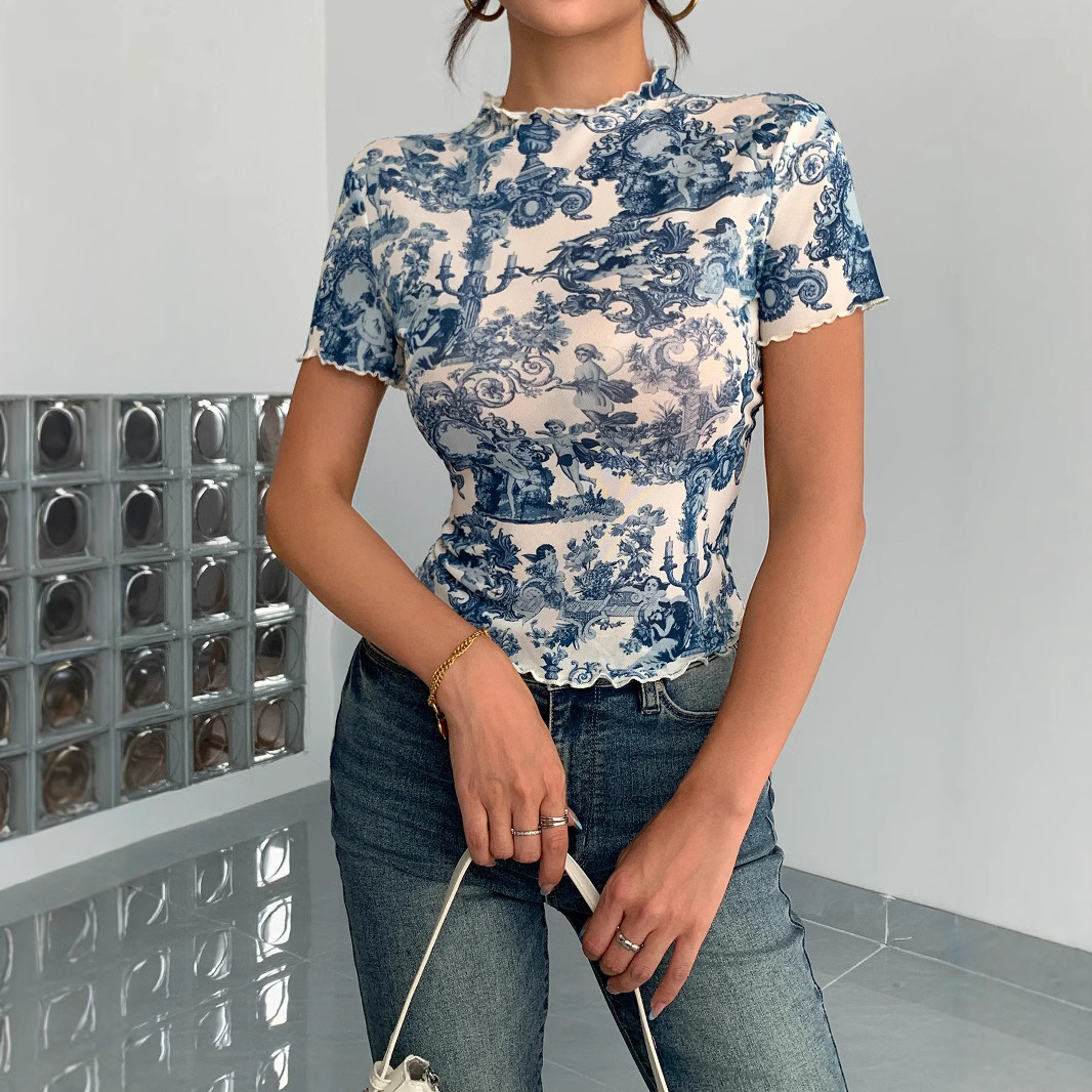 Fashion Elegant Mesh Floral Print Top For Women
