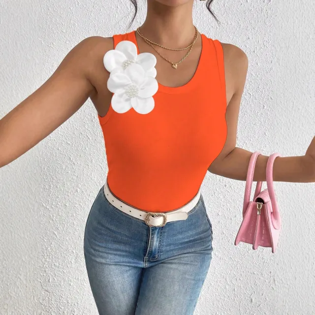 Womens Sleeveless 3D Floral Decorated Solid Color Tank Top Orange - Shop at LoveMi