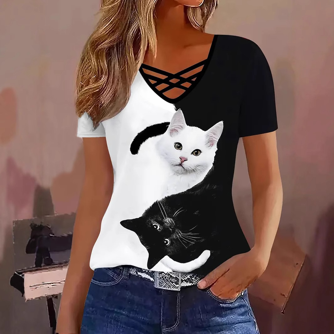 Women's Cross V-neck Striped Elegant Casual Short-sleeved T-shirt