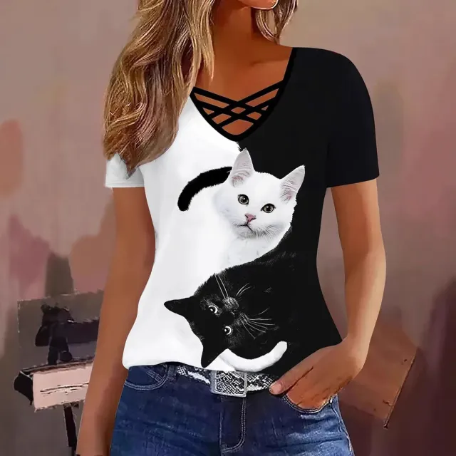 Women's Cross V neck Striped Elegant Casual Short sleeved T shirt White - Shop at LoveMi