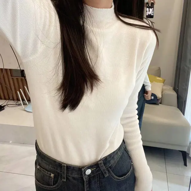 Female Autumn And Winter Wild Half Turtleneck Bottoming Shirt White - Shop at LoveMi