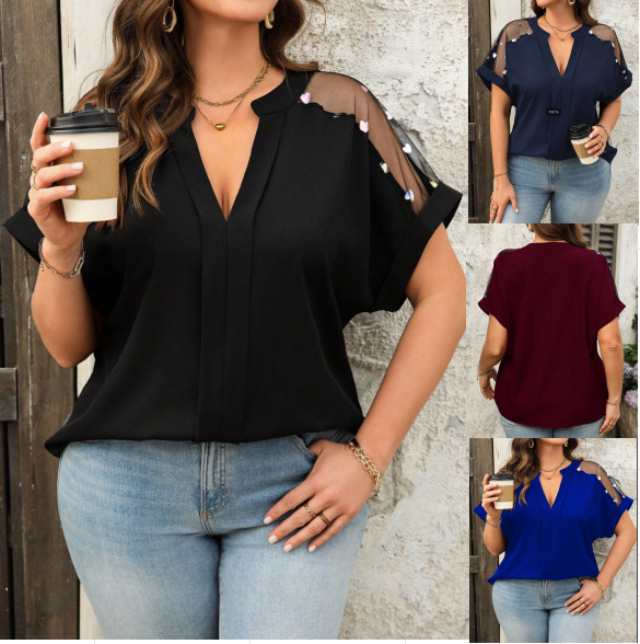 Mesh Sequin V-neck Fashionable Casual Loose Top