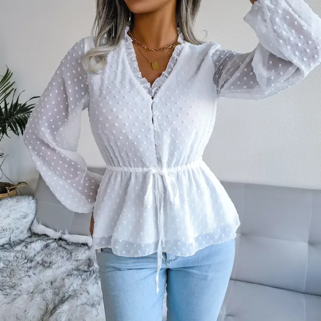Spring And Summer Lantern Long Sleeve Ruffled Tied Fitted Waist Polka Dots Chiffon Shirt White - Shop at LoveMi