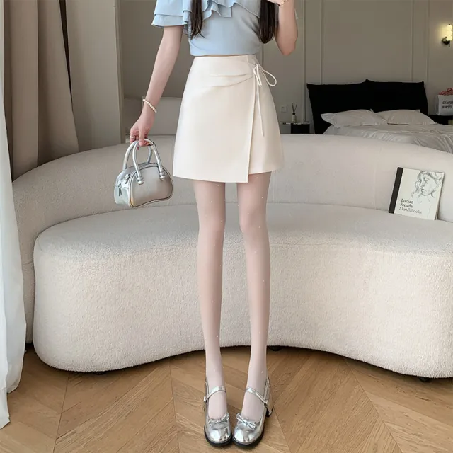 Lace up Asymmetric Skirt Skirt New Pleated Skirt Apricot - Shop at LoveMi