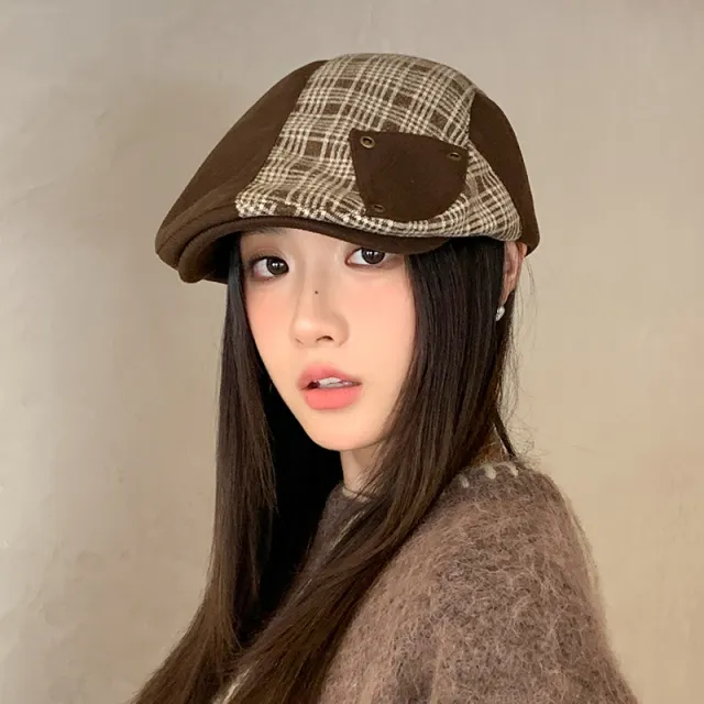 British Retro Plaid Stitching Advance Hats Make Your Face Look Smaller Mm2336 Coffee - Shop at LoveMi