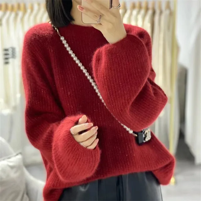 Bright Silk Sweater Female Bishop Sleeves Top Outer Wear Bottoming Shirt Red - Shop at LoveMi