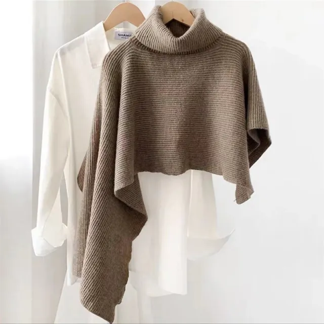 Sweater Shawl Turtleneck Irregular Cloak Warm Padded Coat Knitted Scarf Khaki - Shop at LoveMi