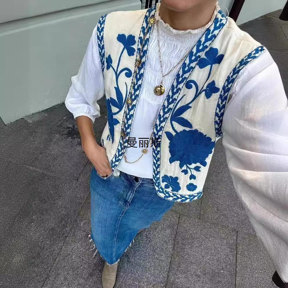 Embroidered Open-Front Vest Fashionable All-Match
