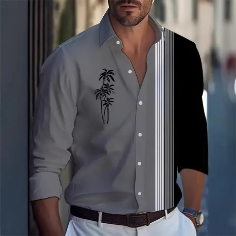 Men's Long Sleeve Shirt Palm Tree and Striped Printed