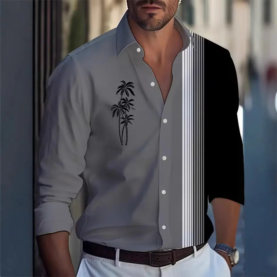 Men's Long Sleeve Shirt Palm Tree and Striped Printed