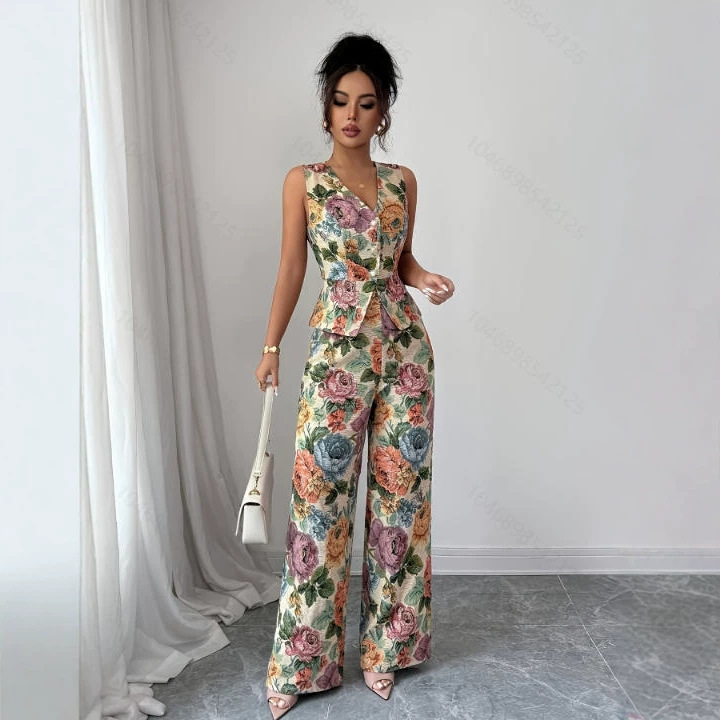 Womens Printed Waist-Cinching Sleeveless Vest Top High-Waisted Wide-Leg Pants Two-Piece Set 4