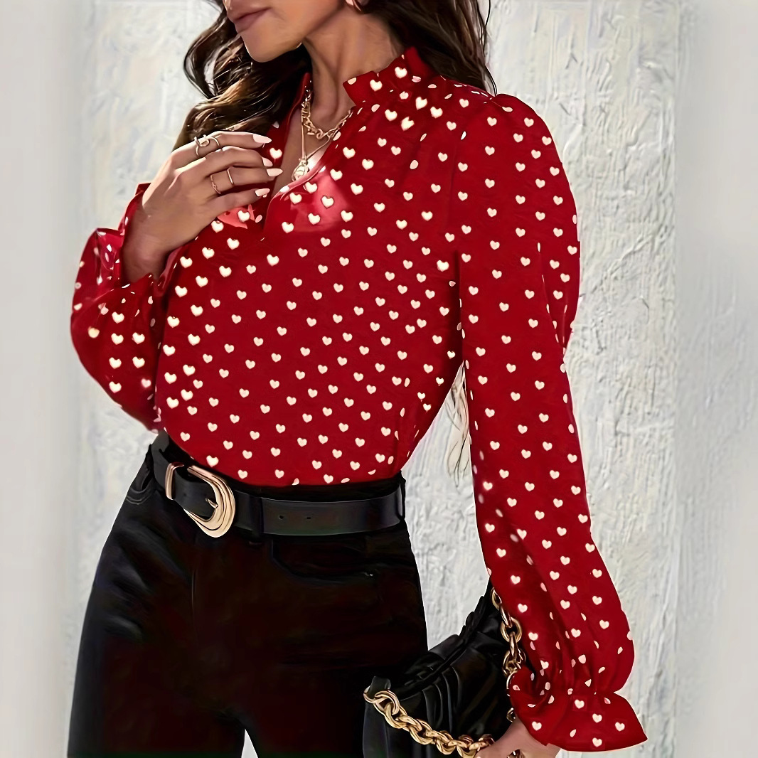 Women's Stand Collar Heart Shape Printed Shirt