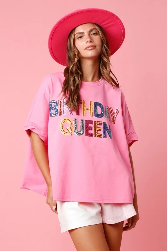 Birthday Sequined Top Loose T shirt For Women Pink - Shop at LoveMi