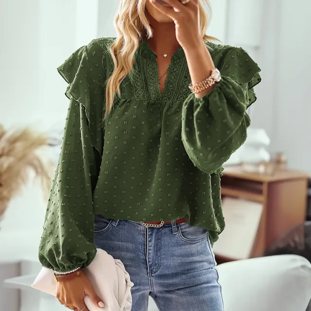 Spring And Summer Ruffled Lantern Sleeves Lace Stitching Coat Army Green - Shop at LoveMi