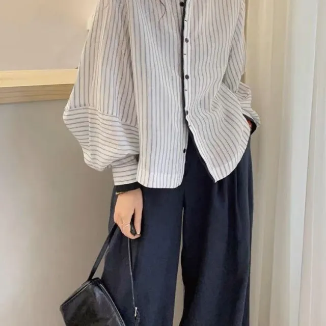 Lanternsleeve Verticalstriped Casual Blouse Women's Stylish Top Stripes - Shop at LoveMi