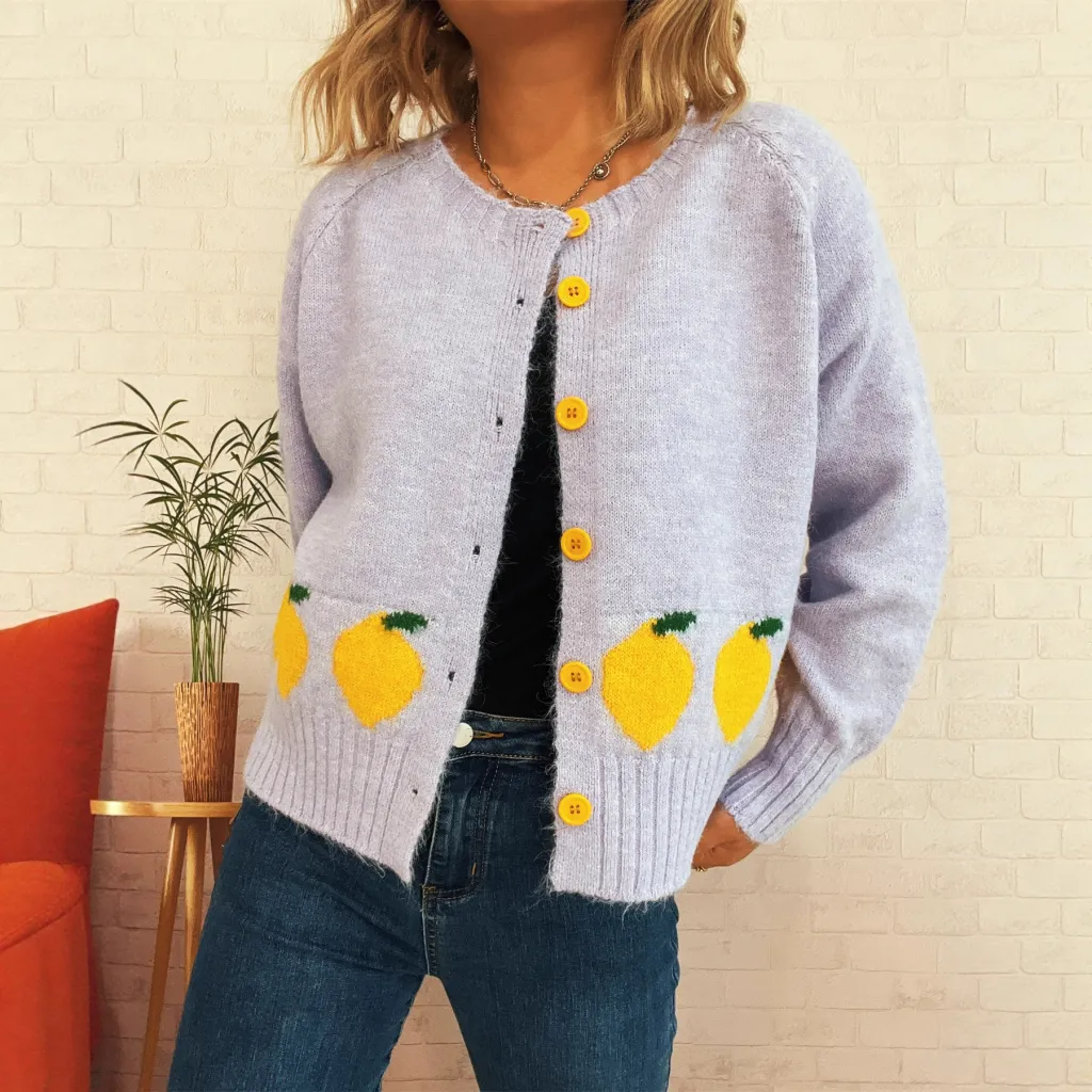 Lemon Jacquard Contrast Color Button Casual Loose Round Neck Sweater - Purple