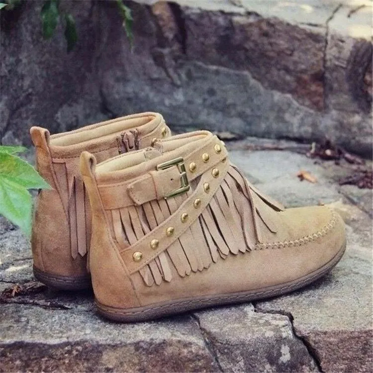 Women's Flat Buckle Martin Boots Retro - Khaki