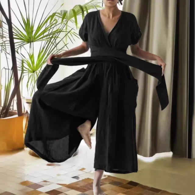 V neck Short Sleeve Solid Color Loose Casual Jumpsuit Black - Shop at LoveMi