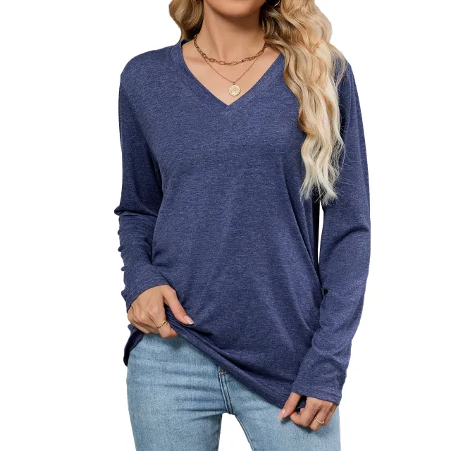 Leisure Pullover V neck Solid Color Loose Long Sleeves T shirt Top Navy Blue - Shop at LoveMi