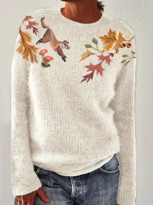 Round Neck Long Sleeve Casual Floral Print Leisure Vacation Sweater Apricot - Shop at LoveMi