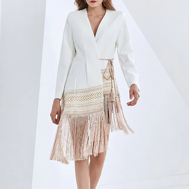 Women's Fashionable Fringed Embroidered Hem Irregular Blazer White - Shop at LoveMi