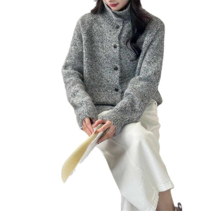 Retro Laid-back Turtleneck Knit Cardigan Sweater Coat — foto 7