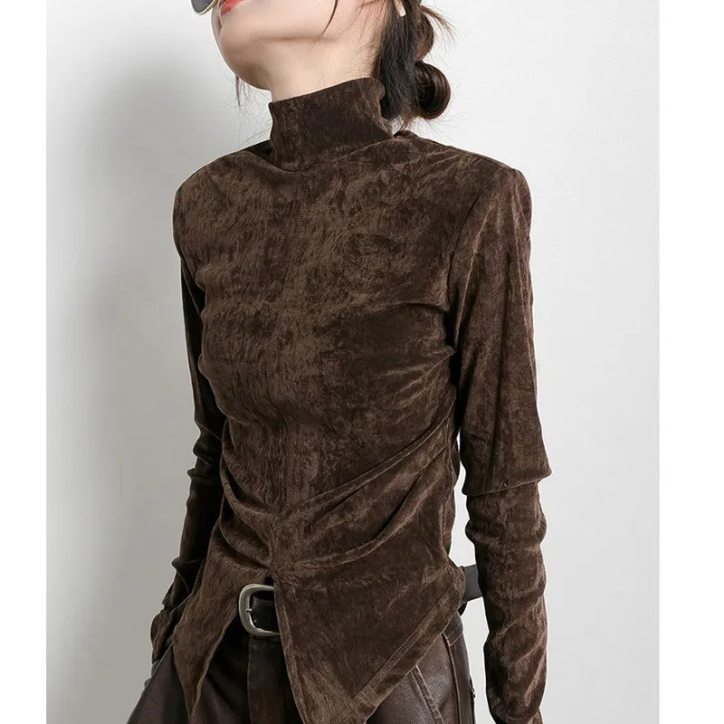 Velvet Half Turtleneck T-shirt Base Shirt Slit Hemline At Hem Solid Color Top - Coffee
