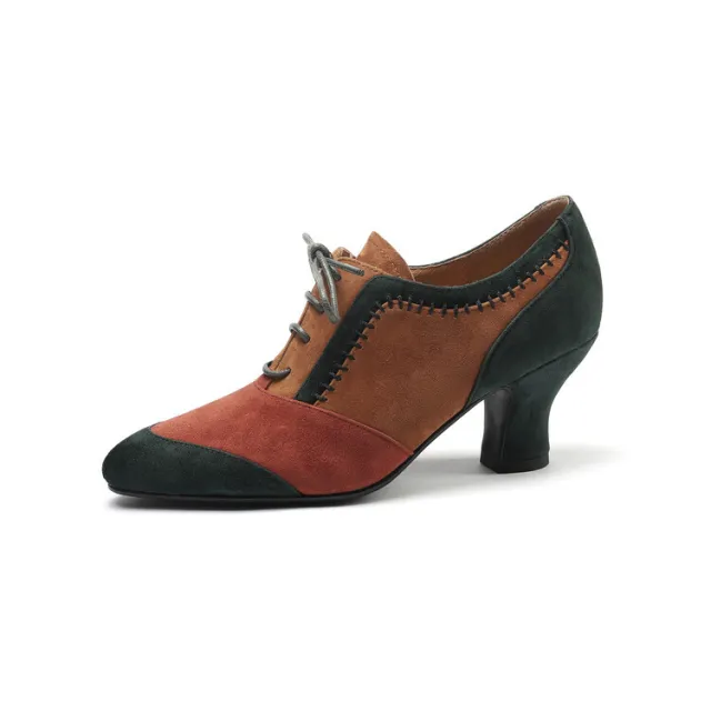 Front Tie Deep Opening Color blocking Retro High heel Leather Shoes Green - Shop at LoveMi