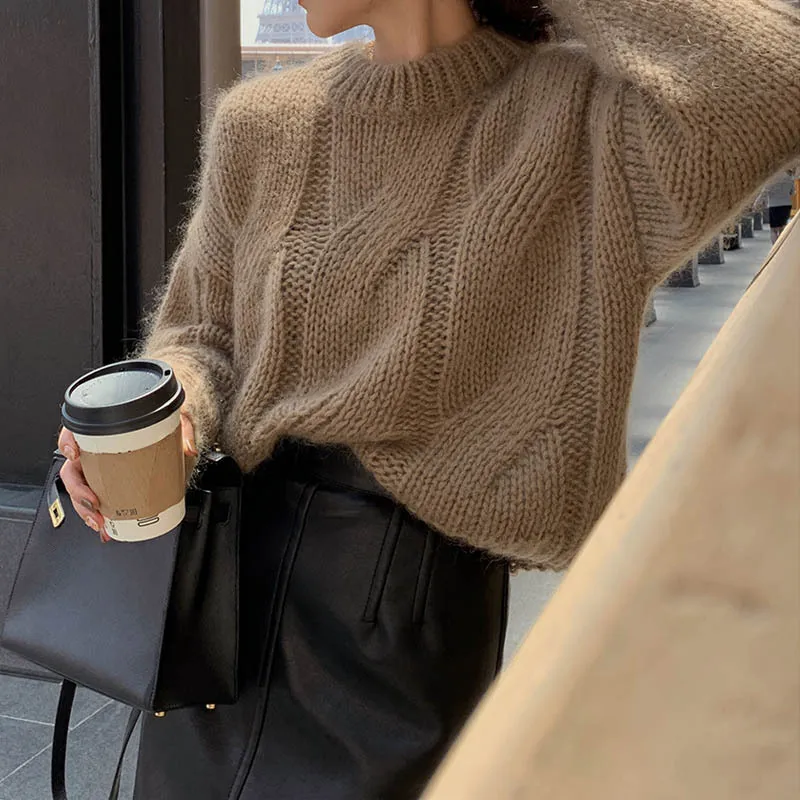 Round Neck Large Hemp Flowers Thick Needle Knitted Sweater - Milk Coffee Color