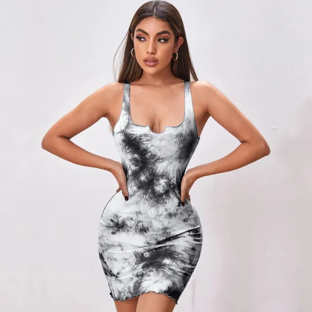 Sexy Slim fit Tie dye Print Bodycon Halter Dress Black - Shop at LoveMi