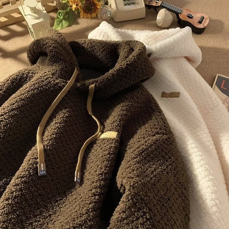 Winter Fleece-lined Extra-thick Lambswool Hooded Sweatshirt