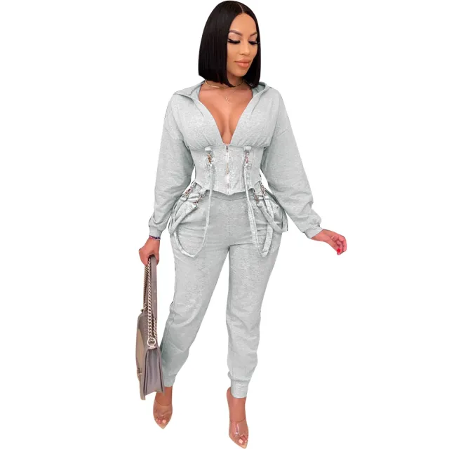 Temperament Commute Fashion Zipper Slim fit Hat Collar Two piece Set Nightclub Uniforms Gray - Shop at LoveMi