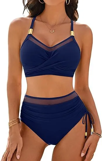 Sexy Mesh Stitching Drawstring Split Women's Bikini Swimsuit Navy Blue - Shop at LoveMi