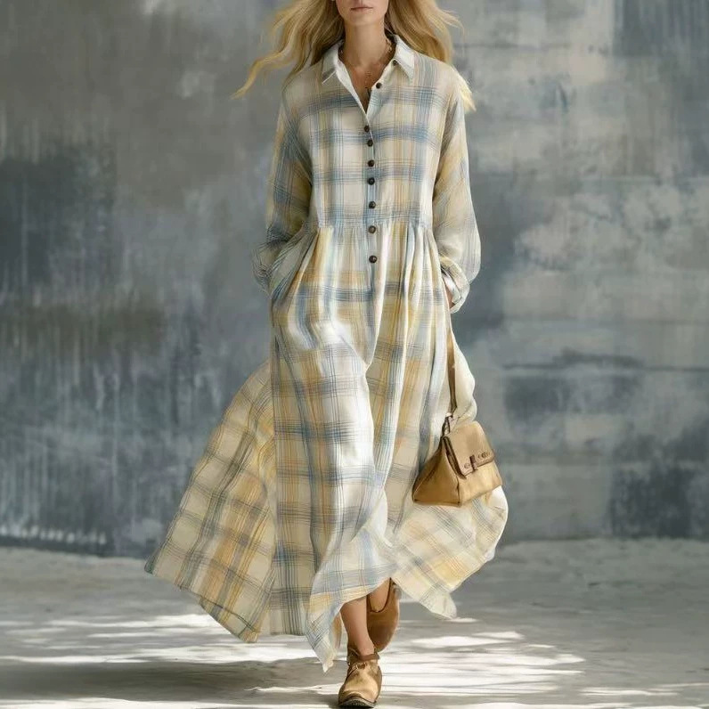 Vintage Light-colored Plaid Long-sleeve Dress With A Lapel Collar