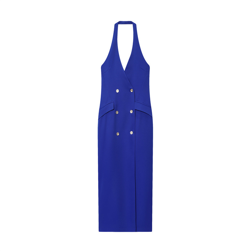 Female Minimalist Hanging Neck Cross Design MIDI Dress Blue - Shop at LoveMi