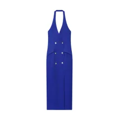 Female Minimalist Hanging Neck Cross Design MIDI Dress - Blue - View 1